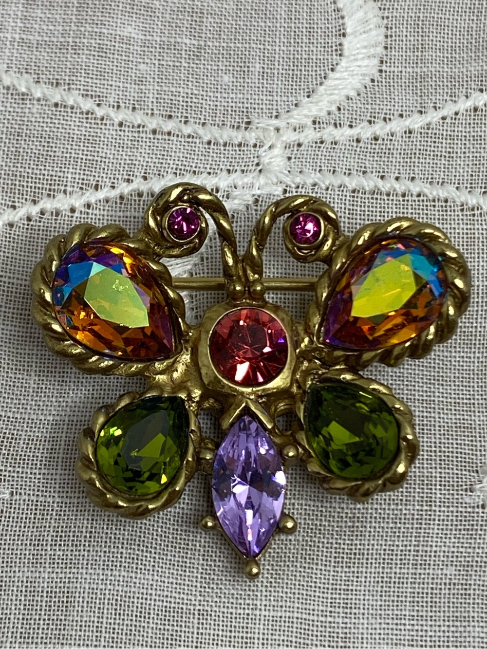 Jay Strongwater Multicolored Crystal Butterfly Brooch Antiqued Gold Tone